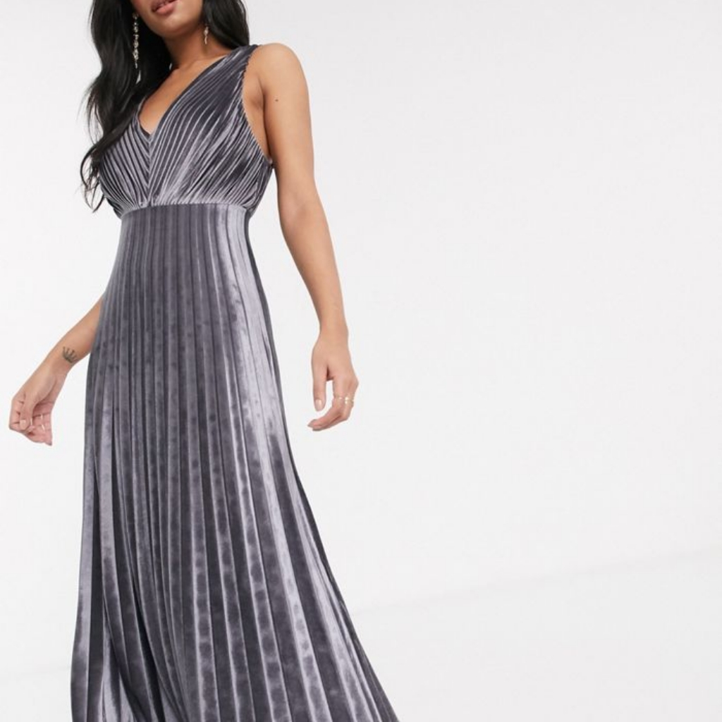 Pleated Gray Velvet Formal Gown Maxi